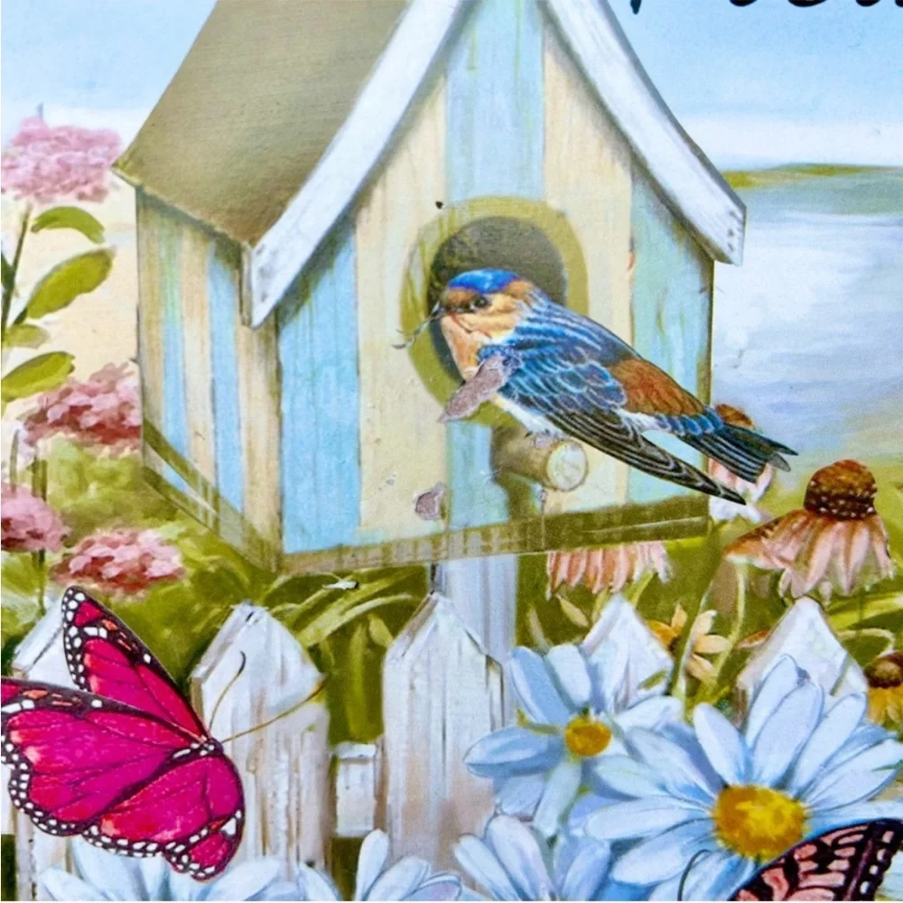 Vintage Bird House Fence Nature Sunny Day Wall Hanging Home Decor Wood Sign
